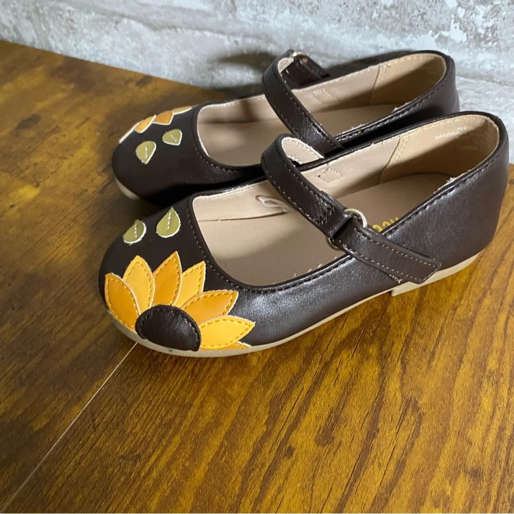 Gymboree Girls Brown Mary Jane Shoes Yellow Sunflower Accent toddler baby size 7